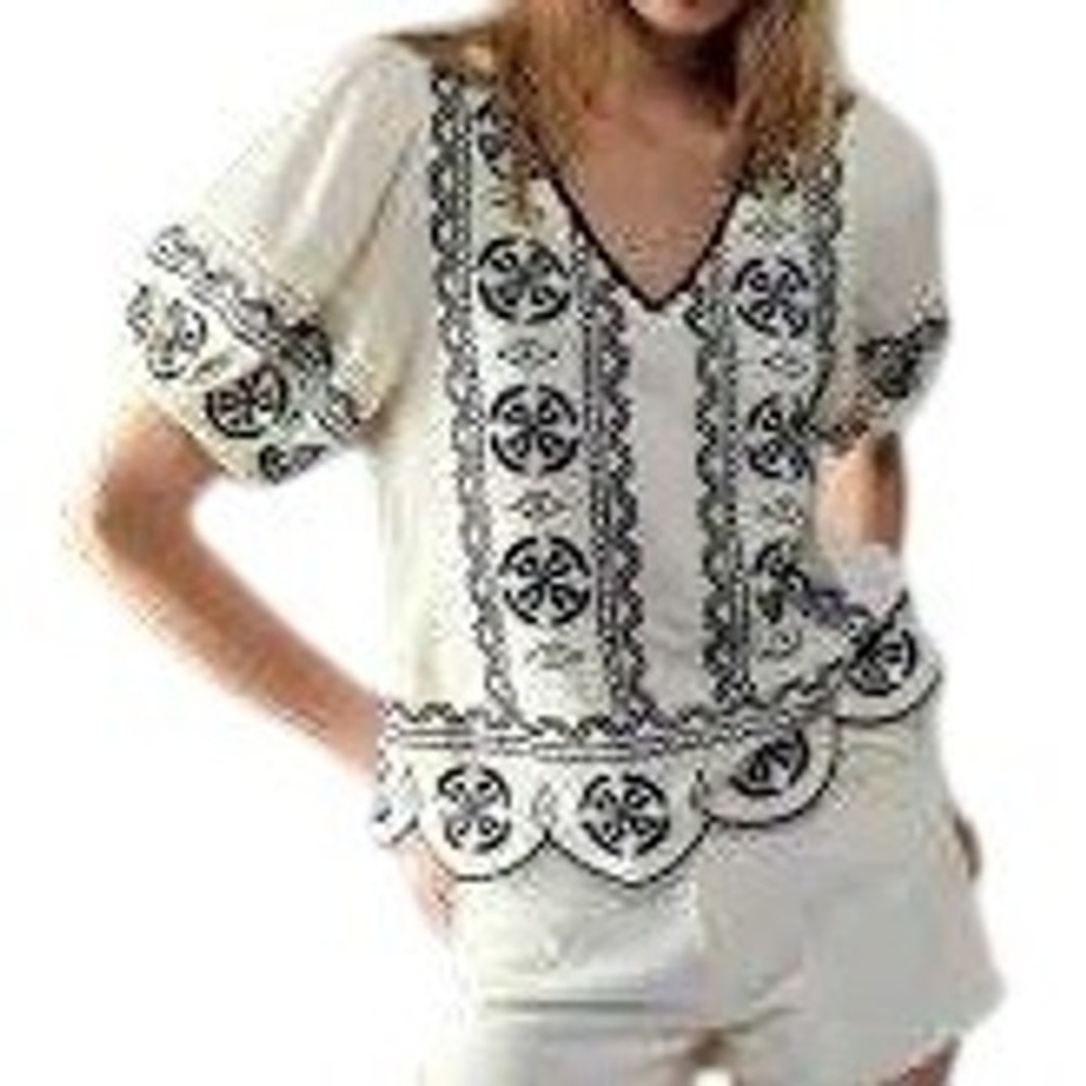 SFERA‎ Collection Cream Black Embroidered Puff Sleeve V-Neck Blouse Size Small